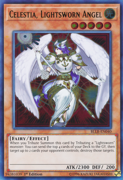 An Ultra Rare "Celestial, Lightsworn Angel" card from the Yugioh Set: Battles of Legend: Lights Revenge (BLLR).