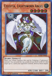 An Ultra Rare "Celestial, Lightsworn Angel" card from the Yugioh Set: Battles of Legend: Lights Revenge (BLLR).