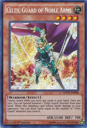 A Secret Rare "Celtic Guardian of Noble Arms" card from the Yugioh Set: The Dark Side of Dimensions: Movie Pack Secret Edition (MVP1).