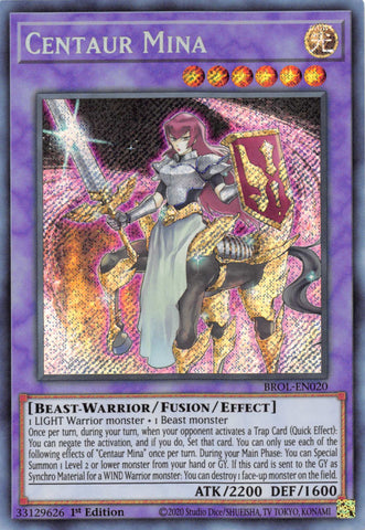  A Secret Rare "Centaur Mina" card from the Yugioh Set: Brothers of Legend.