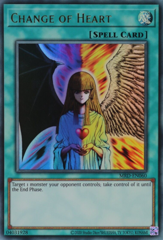 An Ultra Rare "Change of Heart" card from the Yugioh Set: Metal Raiders 25th Anniversary Edition (MRD).
