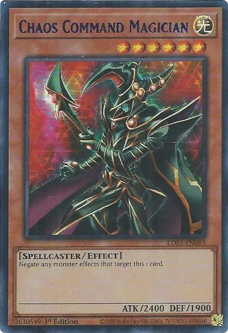 An Ultra Rare "Chaos Command Magician - Blue" card from the Yugioh Set: Legendary Duelists: Season 3 (LDS3).