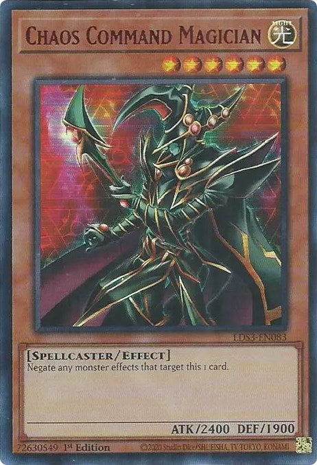 An Ultra Rare Red "Chaos Command Magician" card from the Yugioh Set: Legendary Duelists: Season 3 (LDS3).