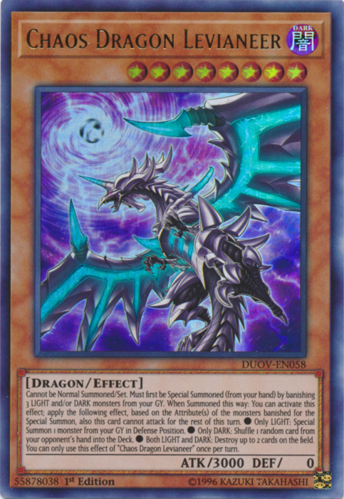 An Ultra Rare "Chaos Dragon Levianeer" card from the Yugioh Set: Duel Overload (DUOV).