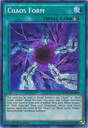 A Secret Rare "Chaos Form" card from the Yugioh Set: The Dark Side of Dimensions Movie Pack: Secret Edition.