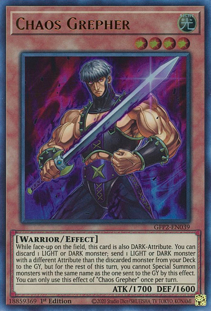  An Ultra Rare "Chaos Grepher" card from the Yugioh Set: Ghosts From the Past: The 2nd Haunting (GFP2).