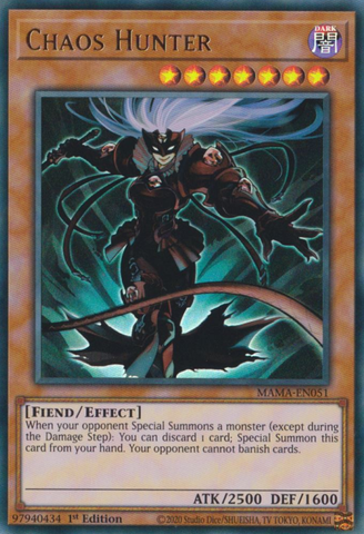 An Ultra Rare "Chaos Hunter" card from the Yugioh Set: Magnificent Mavens.