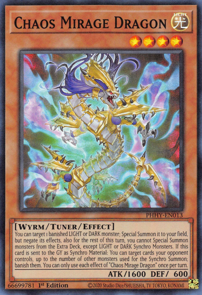 A Super Rare "Chaos Mirage Dragon" card from the Yugioh Set: Photon Hypernova.