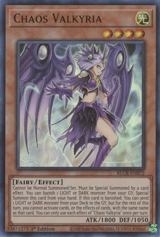 An Ultra Rare "Chaos Valkyria" card from the Yugioh Set: Battles of Legend: Crystal Revenge.