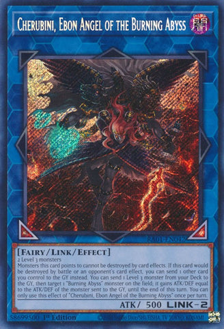 A Secret Rare "Cherubini, Ebon Angel of the Burning Abyss" card from the Yugioh Set: Rarity Collection 1 (RA01).