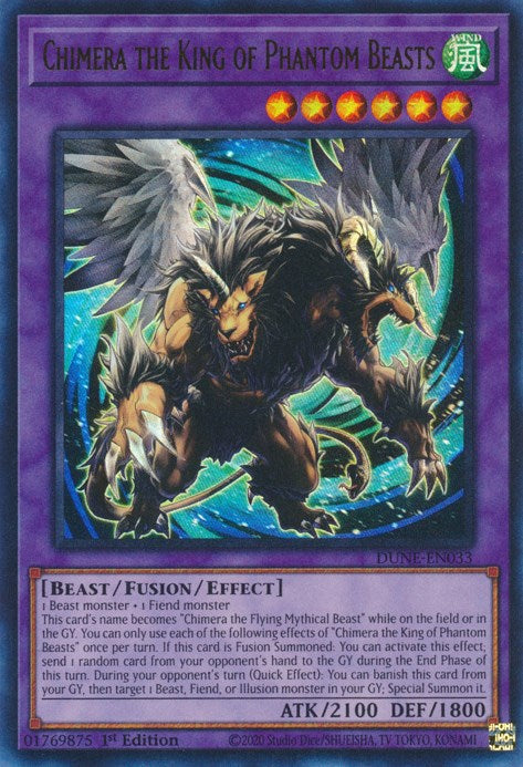 An Ultra Rare "Chimera the King of Phantom Beasts" card from the Yugioh Set: Duelist Nexus (DUNE).