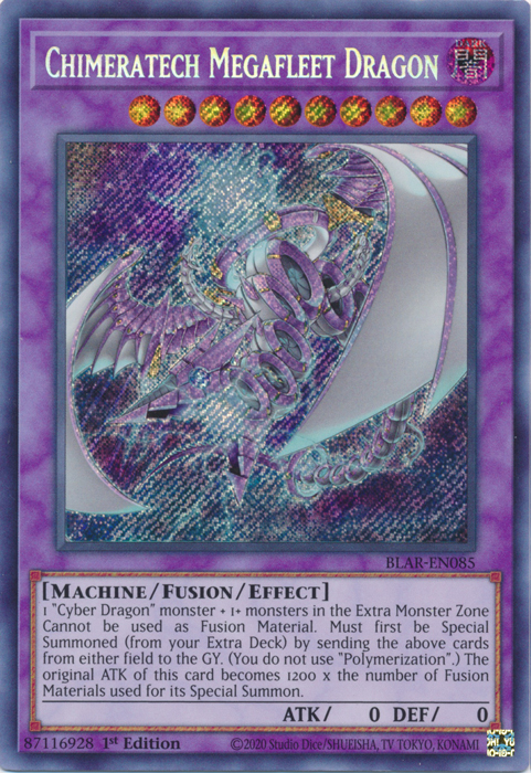 A Secret Rare "Chimeratech Megafleet Dragon" card from the Yugioh Set: Battles of Legend: Armageddon (BLAR.