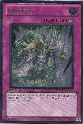 An Ultimate Rare "Chivalry" card from the Yugioh Set: Duelist Revolution (DREV).