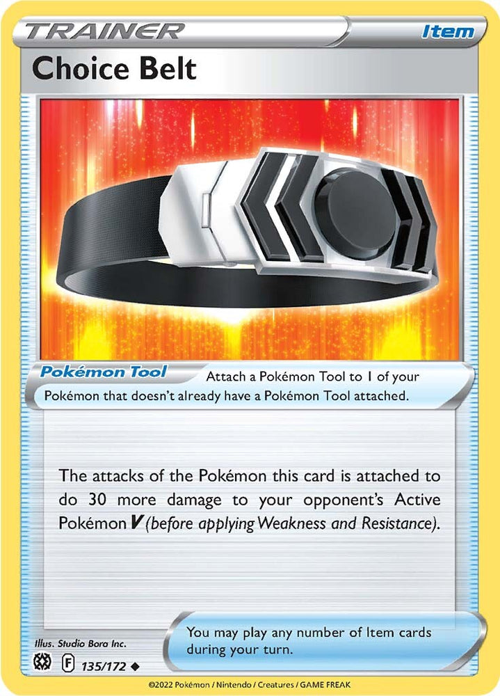 An Uncommon "Choice Belt" (135/172) card from the Pokemon Set: Brilliant Stars.