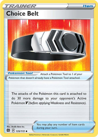 An Uncommon "Choice Belt" (135/172) card from the Pokemon Set: Brilliant Stars.