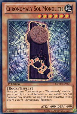 A Super Rare "Chronomaly Sol Monolith" card from the Yugioh Set: Number Hunters.