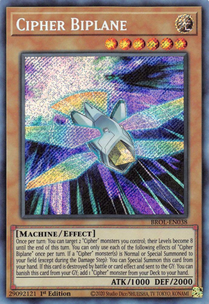  A Secret Rare "Cipher Biplane" card from the Yugioh Set: Brothers of Legend.