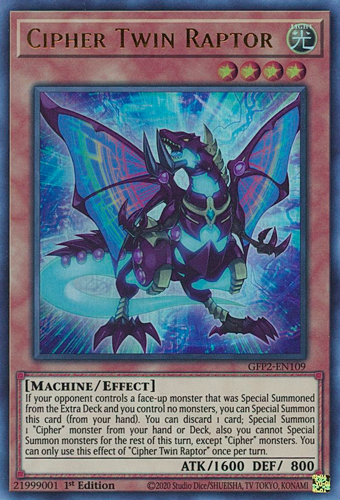  An Ultra Rare "Cipher Twin Raptor" card from the Yugioh Set: Ghosts From the Past: The 2nd Haunting (GFP2).