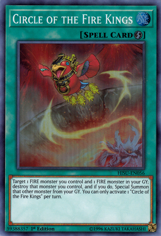 A Super Rare "Circle of the Fire Kings" card from the Yugioh Set: The Hidden Summoners (HISU).