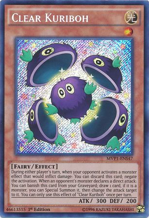 A Secret Rare "Clear Kuriboh" card from the Yugioh Set: The Dark Side of Dimensions: Movie Pack Secret Edition (MVP1).
