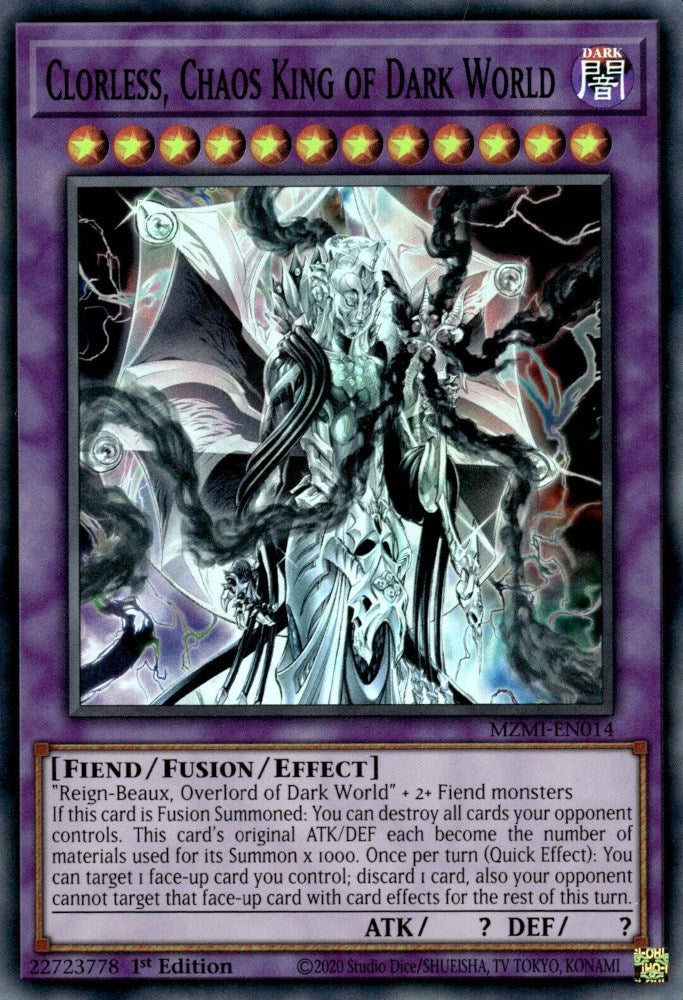 A Super Rare "Clorless, Chaos King of Dark World" card from the Yugioh Set: Maze of Millennia (MZMI).