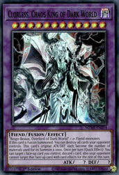 A Super Rare "Clorless, Chaos King of Dark World" card from the Yugioh Set: Maze of Millennia (MZMI).