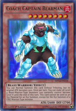 An Ultra Rare "Coach Captain Bearman" card from the Yugioh 2014 Mega-Tin Mega Pack set.