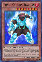 An Ultra Rare "Coach Captain Bearman" card from the Yugioh 2014 Mega-Tin Mega Pack set.