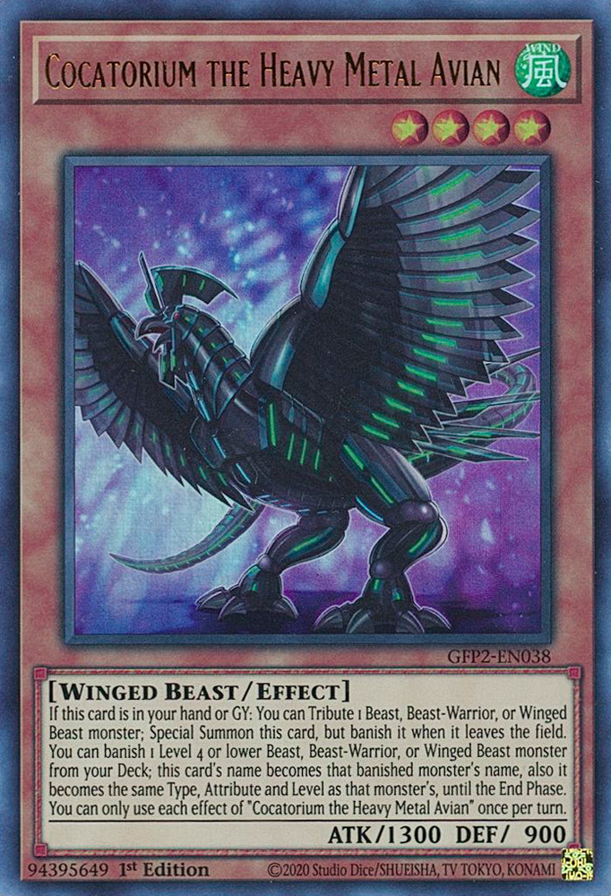 An Ultra Rare "Cocatorium the Heavy Metal Avian" card from the Yugioh Set: Ghosts From the Past: The 2nd Haunting (GFP2).