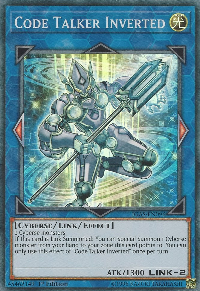 A Super Rare "Code Talker Inverted" card from the Yugioh Set: Ignition Assault.