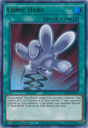 An Ultra Rare "Comic Hand" card from the Yugioh Set: Dragons of Legend: The Complete Series.