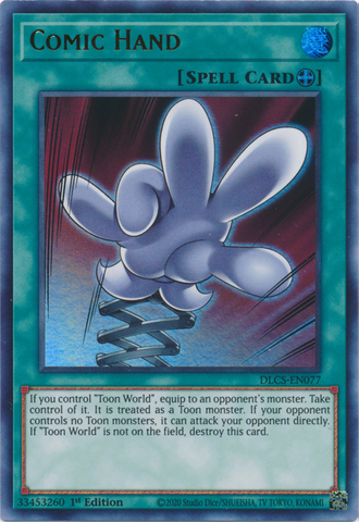 An Ultra Rare "Comic Hand" card from the Yugioh Set: Dragons of Legend: The Complete Series.