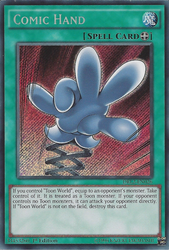 A Secret Rare "Comic Hand" card from the Yugioh Set: Dragons of Legend 2 (DRL2).