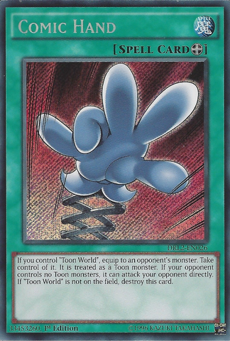 A Secret Rare "Comic Hand" card from the Yugioh Set: Dragons of Legend 2.