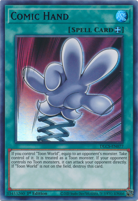 An Ultra Rare Purple "Comic Hand" card from the Yugioh Set: Dragons of Legend: The Complete Series (DLCS).