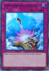 An Ultra Rare "Compulsory Evacuation Device" card from the Yugioh Set: Duel Overload (DUOV).