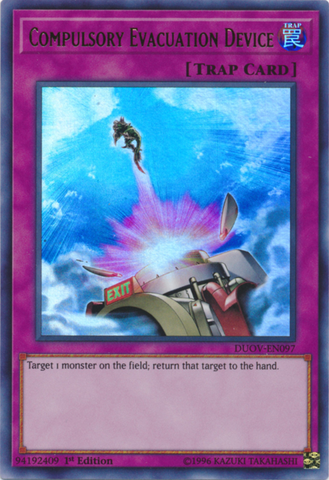An Ultra Rare "Compulsory Evacuation Device" card from the Yugioh Set: Duel Overload (DUOV).