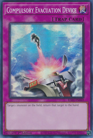 A Super Rare "Compulsory Evacuation Device" card from the Yugioh Set: Rarity Collection 1 (RA01).