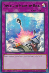 An Ultra Rare "Compulsory Evacuation Device" card from the Yugioh Set: Rarity Collection 1 (RA01).