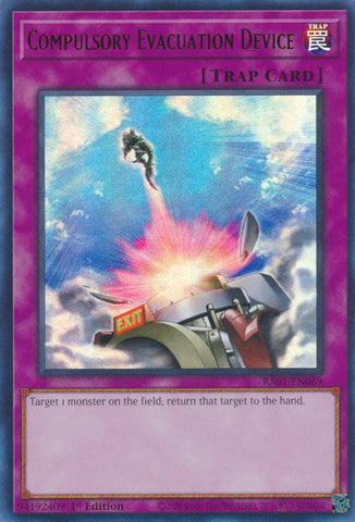 An Ultra Rare "Compulsory Evacuation Device" card from the Yugioh Set: Rarity Collection 1 (RA01).
