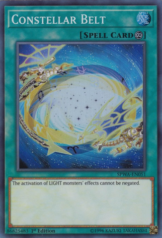 A Super Rare "Constellar Belt" card from the Yugioh Set: Spirit Warriors (SPWA).
