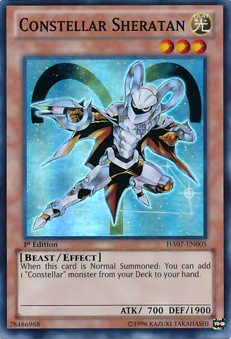 A Super Rare "Constellar Sheratan" card from the Yugioh Set: Hidden Arsenal 7.