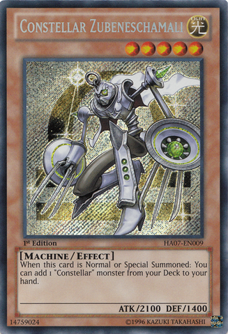  A Secret Rare "Constellar Zubeneschamali" card from the Yugioh Set: Hidden Arsenal 7: Knight of Stars.