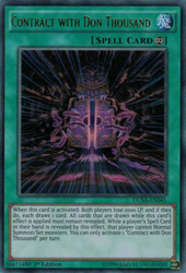 An Ultra Rare "Contract with Don Thousand" card from the Yugioh Set: Duelist Saga (DUSA).