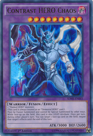 An Ultra Rare "Contrast Hero Chaos" card from the Yugioh Structure Deck: Hero Strike.