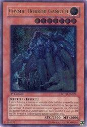 An Ultimate Rare "Cosmic Horror Gangi'el" card from the Yugioh Set: Phantom Darkness (POTD).