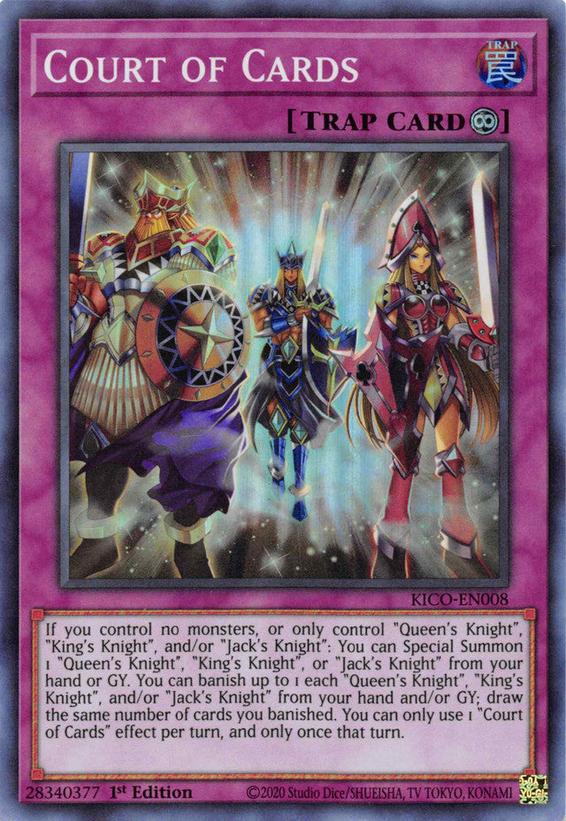 A Super Rare "Court of Cards" card from the Yugioh Set: King's Court. 