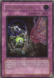 An Ultimate Rare "Covering Fire" card from the Yugioh Set: Rise of Destiny (RDS).