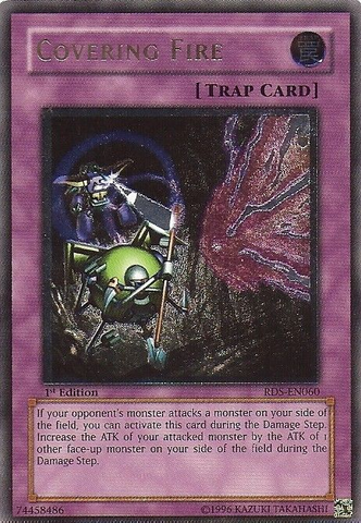 An Ultimate Rare "Covering Fire" card from the Yugioh Set: Rise of Destiny (RDS).