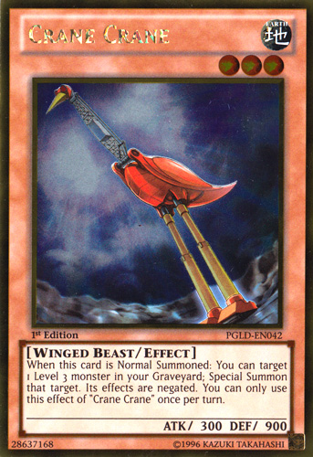 A Gold Rare "Crane Crane" card from the Yugioh Set: Premium Gold (PGLD).